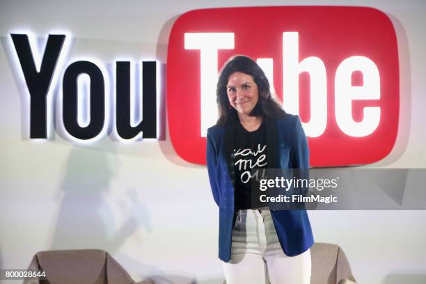 Youtube Spaces Senior Creative Development Strategist Vanessa Khachane speaks at the YouTube @ VidCon Brand Lounge at Anaheim Convention Center on...