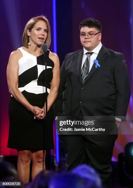 Katie Couric and Gavin Grimm speak onstage at the Logo's 2017 Trailblazer Honors event at Cathedral of St. John the Divine on June 22, 2017 in New...