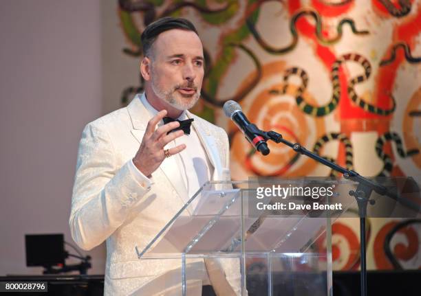 David Furnish speaks at the Woodside Gallery Dinner in benefit of Elton John AIDS Foundation in partnership with BVLGARI at Woodside on June 22, 2017...