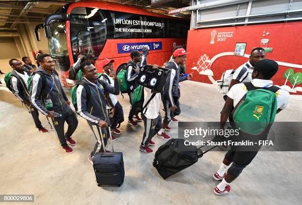 The players of Cameroon arrive singing prior to the FIFA Confederation Cup Group B match between Cameroon and Australia at Saint Petersburg Stadium...