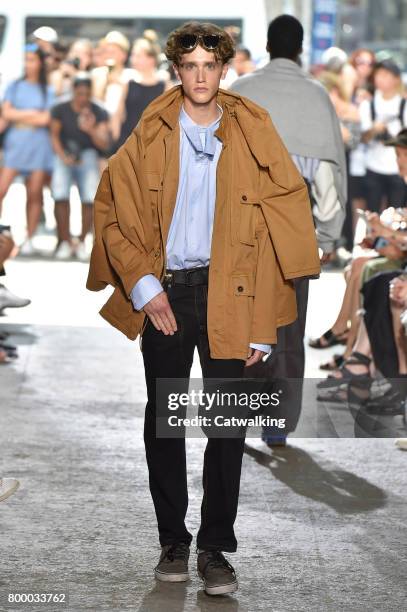 Model walks the runway at the Y.Project Spring Summer 2018 fashion show during Paris Menswear Fashion Week on June 21, 2017 in Paris, France.