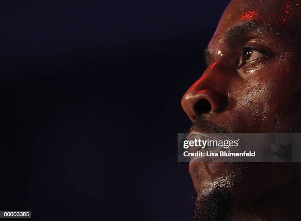 Kevin Garnett of the Boston Celtics looks on during the national anthem before the game against the Los Angeles Clippers at Staples Center on...