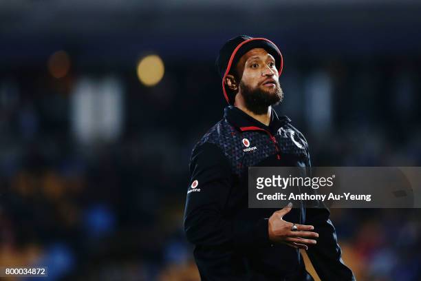 Manu Vatuvei of the Warriors looks on during warmup prior to the round 16 NRL match between the New Zealand Warriors and the Canterbury Bulldogs at...