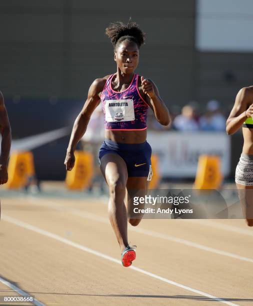 Tianna Bartoletta runs in the Women's 100 Meter opening round during Day 1 of the 2017 USA Track & Field Championships at Hornet Satdium on June 22,...