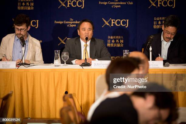 Prominent leader of the anti-base movement Hiroji Yamashiro speaks with reporters in Tokyo, Japan on June 23, 2017. Mr. Yamashiro was arrested and...