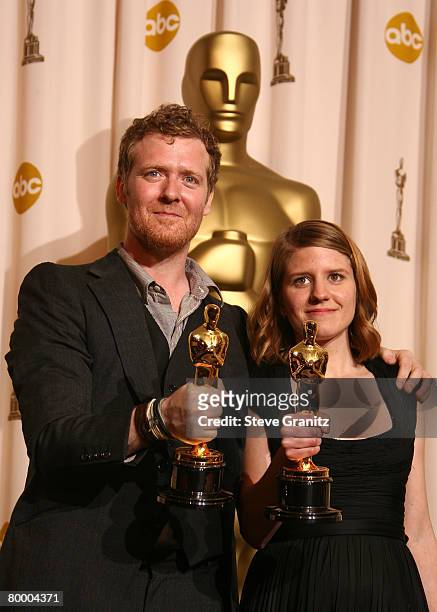 Musicians Glen Hansard and Marketa Irglova pose in the press room during the 80th Annual Academy Awards at the Kodak Theatre on February 24, 2008 in...