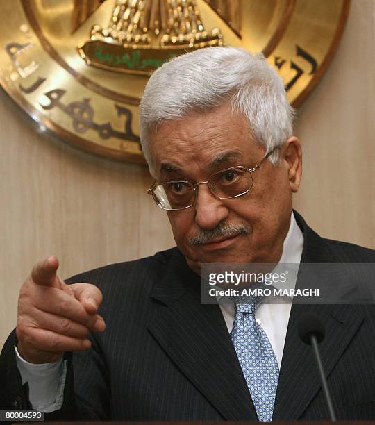 Palestinian president Mahmud Abbas gestures during a press conference following a meeting with his Egyptian counterpart Hosni Mubarak in Cairo on...