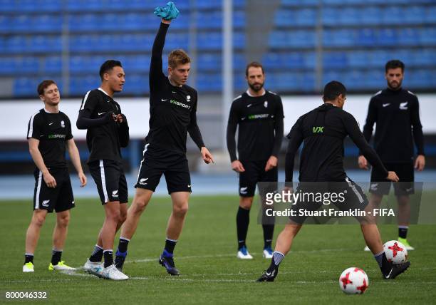 The players train during a training session of the New Zealand national football team on June 23, 2017 in Saint Petersburg, Russia.