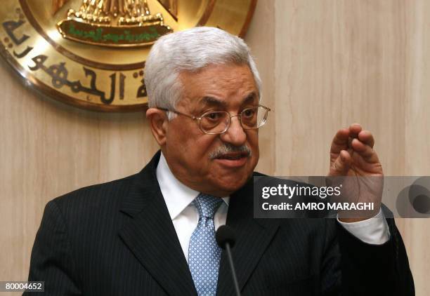 Palestinian president Mahmud Abbas gestures during a press conference following a meeting with his Egyptian counterpart Hosni Mubarak in Cairo on...