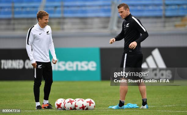 Chris Wood stretches during a training session of the New Zealand national football team on June 23, 2017 in Saint Petersburg, Russia.