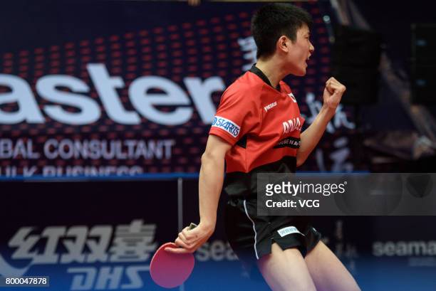 Tomokazu Harimoto of Japan competes during the men's singles first round match against Vladimir Samsonov of Belarus on the day one of the 2017 ITTF...