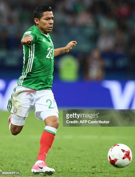 Mexico's midfielder Javier Aquino controls the ball during the 2017 Confederations Cup group A football match between Mexico and New Zealand at the...
