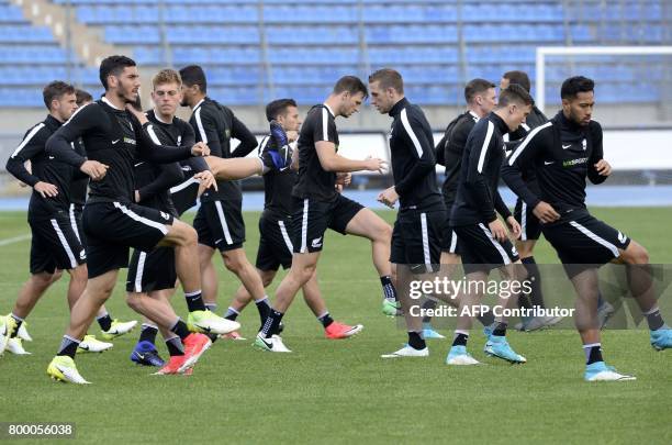 New Zealand's players take part in a training session at the Petrovsky Stadium in Saint Petersburg on June 23, 2017 on the eve of the 2017 FIFA...