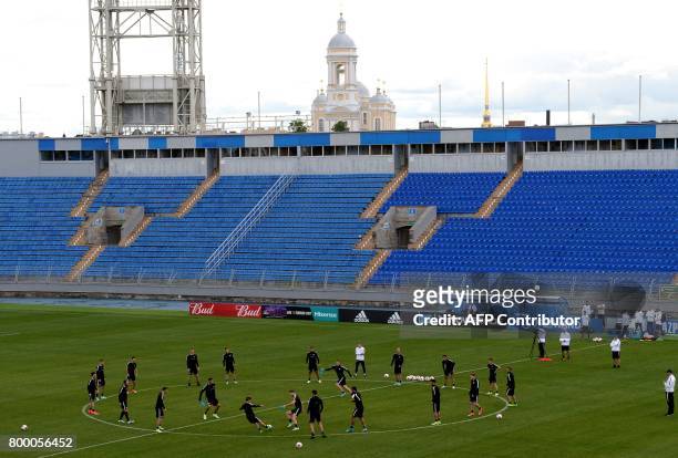 New Zealand's players take part in a training session at the Petrovsky Stadium in Saint Petersburg on June 23, 2017 on the eve of the 2017 FIFA...