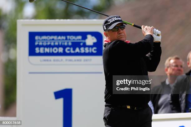 Peter O'Malley of Australia in action during the final round of the European Tour Properties Senior Classic played at Linna Golf on June 23, 2017 in...