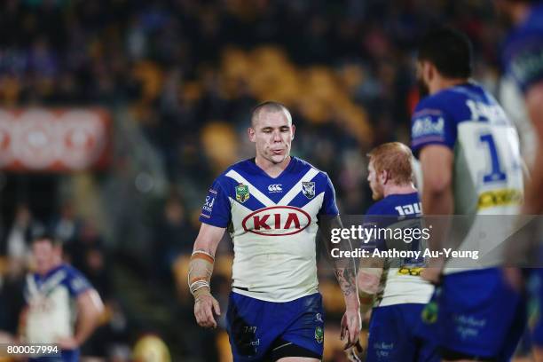 David Klemmer of the Bulldogs reacts during the round 16 NRL match between the New Zealand Warriors and the Canterbury Bulldogs at Mt Smart Stadium...