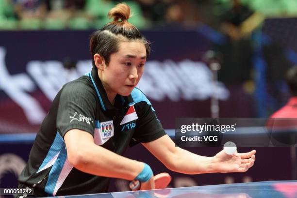 Tianwei Feng of Singapore competes during the women's singles first round match against Zhang Rui of China on the day one of the 2017 ITTF World Tour...