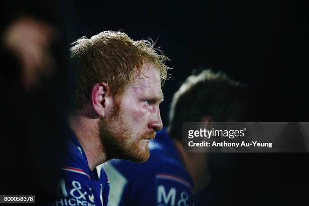 James Graham of the Bulldogs looks on from the bench during the round 16 NRL match between the New Zealand Warriors and the Canterbury Bulldogs at Mt...
