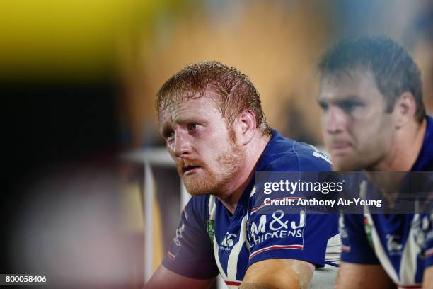 James Graham of the Bulldogs looks on from the bench during the round 16 NRL match between the New Zealand Warriors and the Canterbury Bulldogs at Mt...