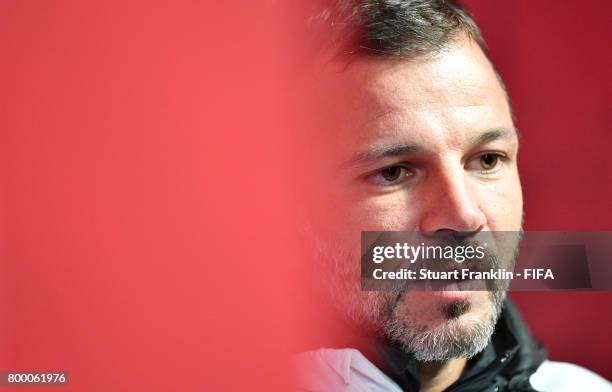 Anthony Hudson, head coach talks to the media during a press conference after a training session of the New Zealand national football team on June...