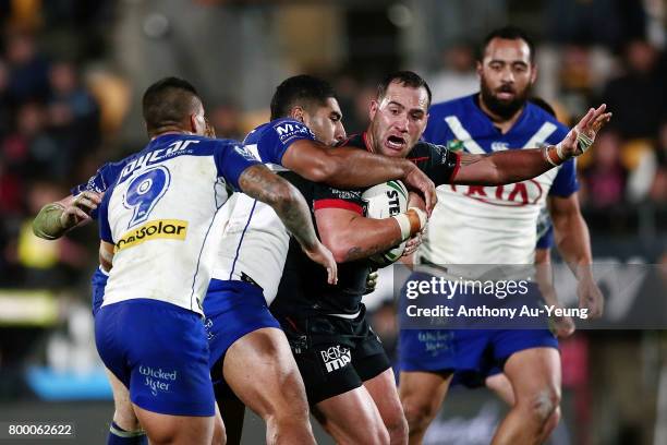 Bodene Thompson of the Warriors charges on during the round 16 NRL match between the New Zealand Warriors and the Canterbury Bulldogs at Mt Smart...