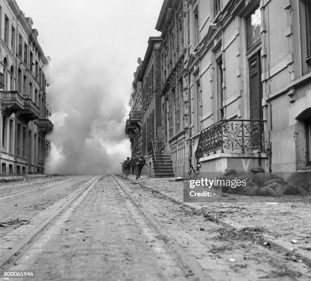 Picture released on April 1945 of British troops fighting in the streets of Arnhem, Netherlands during the second World war.