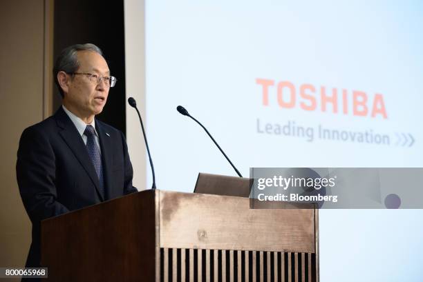 Satoshi Tsunakawa, president and chief executive officer of Toshiba Corp., speaks during a news conference in Tokyo, Japan, on Friday, June 23, 2017....