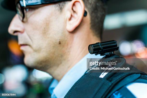 An Officer of German Bundespolizei or Federal Police with a Body-Cam on his shoulder at Berlin Central Train Station on June 23, 2017 in Berlin,...