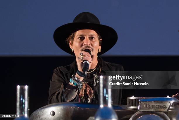 Johnny Depp arrives for a showing of his film The Libertine as he attends on day 1 of the Glastonbury Festival 2017 at Worthy Farm, Pilton on June...