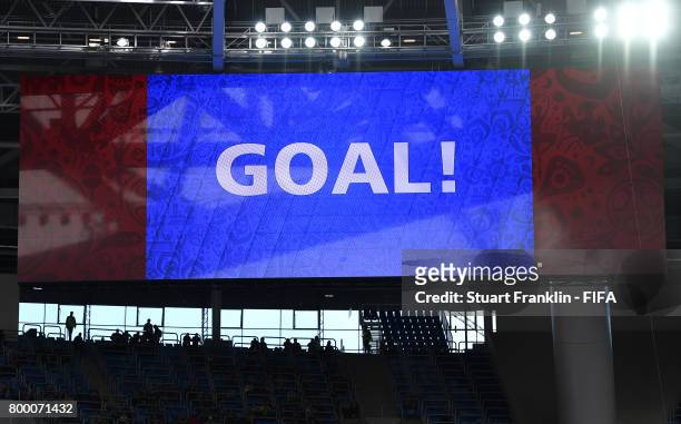 The scorebaord shows a goal during the FIFA Confederation Cup Group B match between Cameroon and Australia at Saint Petersburg Stadium on June 22,...