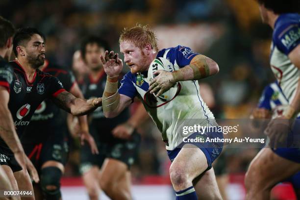 James Graham of the Bulldogs on the charge during the round 16 NRL match between the New Zealand Warriors and the Canterbury Bulldogs at Mt Smart...