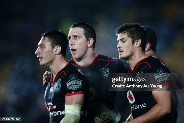 Ryan Hoffman of the Warriors cheers on the team during the round 16 NRL match between the New Zealand Warriors and the Canterbury Bulldogs at Mt...