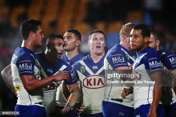 Josh Jackson of the Bulldogs looks on with the team during the round 16 NRL match between the New Zealand Warriors and the Canterbury Bulldogs at Mt...