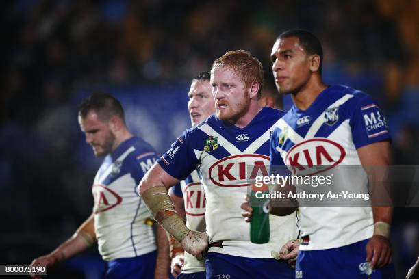 James Graham of the Bulldogs looks on with the team during the round 16 NRL match between the New Zealand Warriors and the Canterbury Bulldogs at Mt...