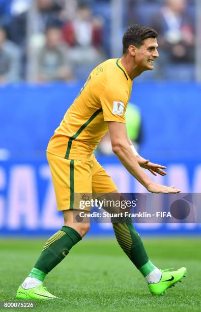 Tomislav Juric of Australia reacts during the FIFA Confederation Cup Group B match between Cameroon and Australia at Saint Petersburg Stadium on June...