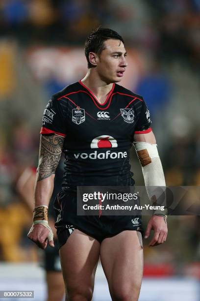 Charnze Nicoll-Klokstad of the Warriors looks on during the round 16 NRL match between the New Zealand Warriors and the Canterbury Bulldogs at Mt...