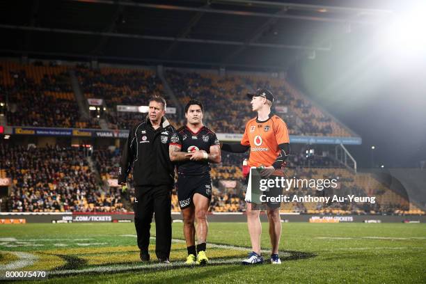 Issac Luke of the Warriors comes off the field with an injury during the round 16 NRL match between the New Zealand Warriors and the Canterbury...