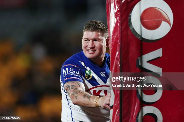 Greg Eastwood of the Bulldogs looks on during warmup prior to the round 16 NRL match between the New Zealand Warriors and the Canterbury Bulldogs at...