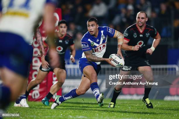 Michael Lichaa of the Bulldogs runs the ball during the round 16 NRL match between the New Zealand Warriors and the Canterbury Bulldogs at Mt Smart...