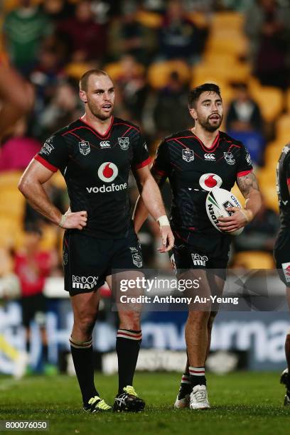 Shaun Johnson and Simon Mannering of the Warriors look on during the round 16 NRL match between the New Zealand Warriors and the Canterbury Bulldogs...