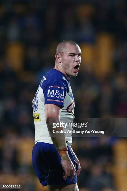 David Klemmer of the Bulldogs reacts during the round 16 NRL match between the New Zealand Warriors and the Canterbury Bulldogs at Mt Smart Stadium...