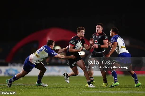 Blake Ayshford of the Warriors on the charge during the round 16 NRL match between the New Zealand Warriors and the Canterbury Bulldogs at Mt Smart...