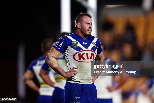 Josh Reynolds of the Bulldogs reacts during the round 16 NRL match between the New Zealand Warriors and the Canterbury Bulldogs at Mt Smart Stadium...