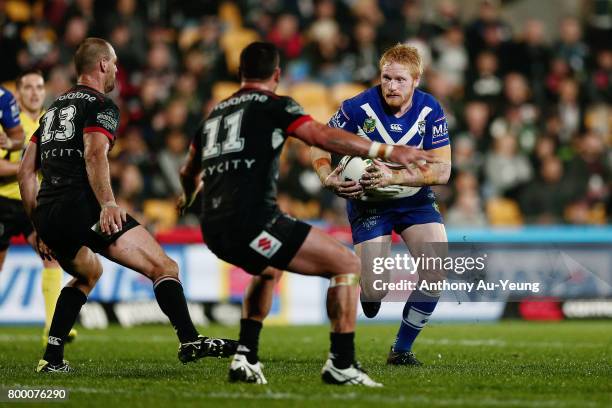 James Graham of the Bulldogs on the charge during the round 16 NRL match between the New Zealand Warriors and the Canterbury Bulldogs at Mt Smart...