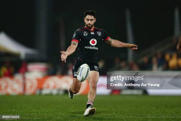 Shaun Johnson of the Warriors puts in a kick during the round 16 NRL match between the New Zealand Warriors and the Canterbury Bulldogs at Mt Smart...