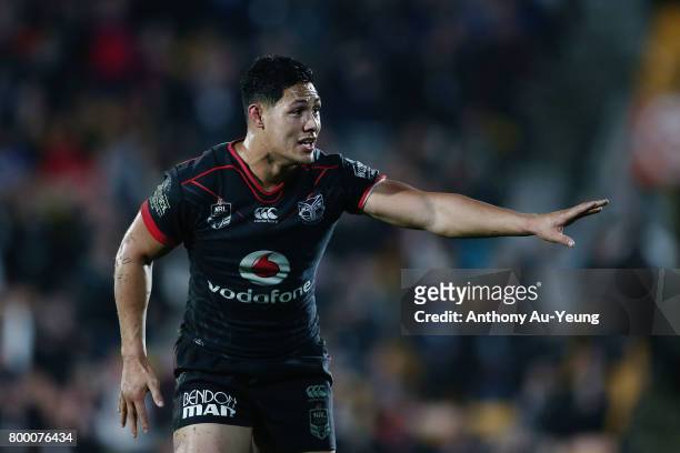Roger Tuivasa-Sheck of the Warriors reacts during the round 16 NRL match between the New Zealand Warriors and the Canterbury Bulldogs at Mt Smart...