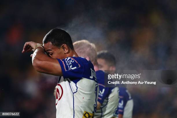 Moses Mbye of the Bulldogs reacts during the round 16 NRL match between the New Zealand Warriors and the Canterbury Bulldogs at Mt Smart Stadium on...