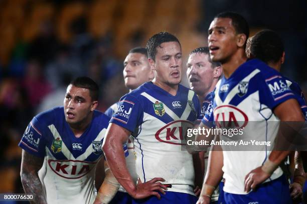 Chase Stanley of the Bulldogs looks on with the team during the round 16 NRL match between the New Zealand Warriors and the Canterbury Bulldogs at Mt...