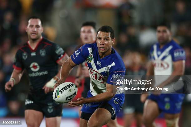 Moses Mbye of the Bulldogs in action during the round 16 NRL match between the New Zealand Warriors and the Canterbury Bulldogs at Mt Smart Stadium...