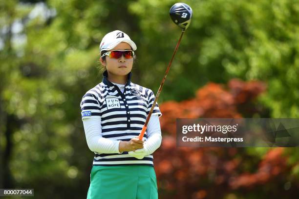 Kana Mikashima of Japan looks on during the second round of the Earth Mondamin Cup at the Camellia Hills Country Club on June 23, 2017 in Sodegaura,...